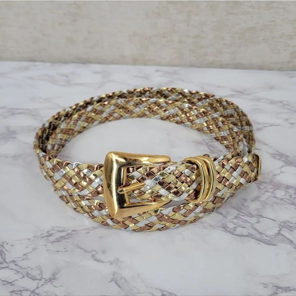 Vintage 80s Braided Woven Metallic Leather Waist Belt Gold Silver Copper